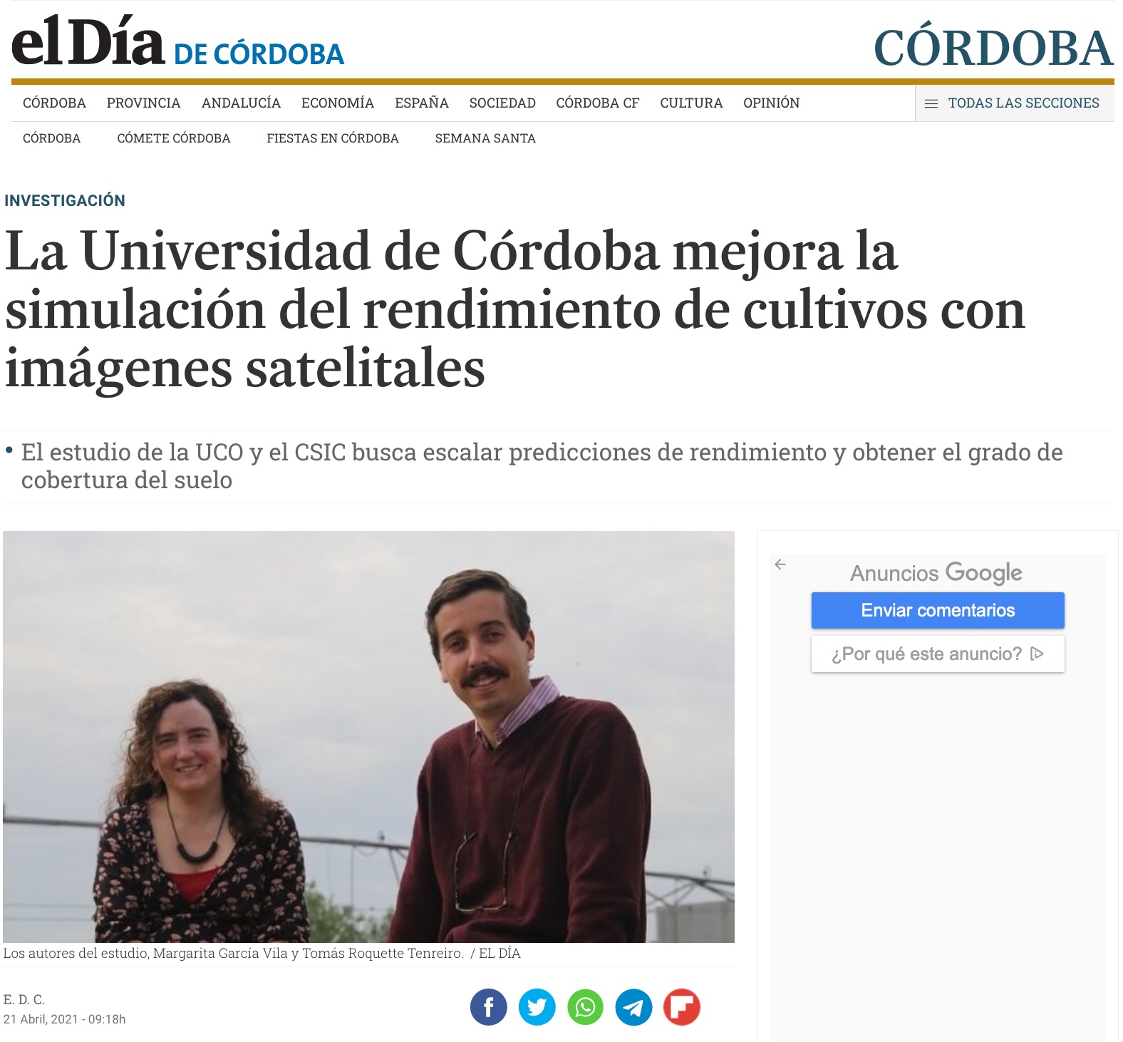 The University of Córdoba improves simulation of crop yield with satellite images